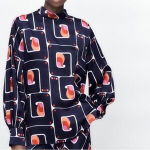 Zara NWT Satin Geometric Long Sleeve Mock Neck Lightweight Blouse Size XS
